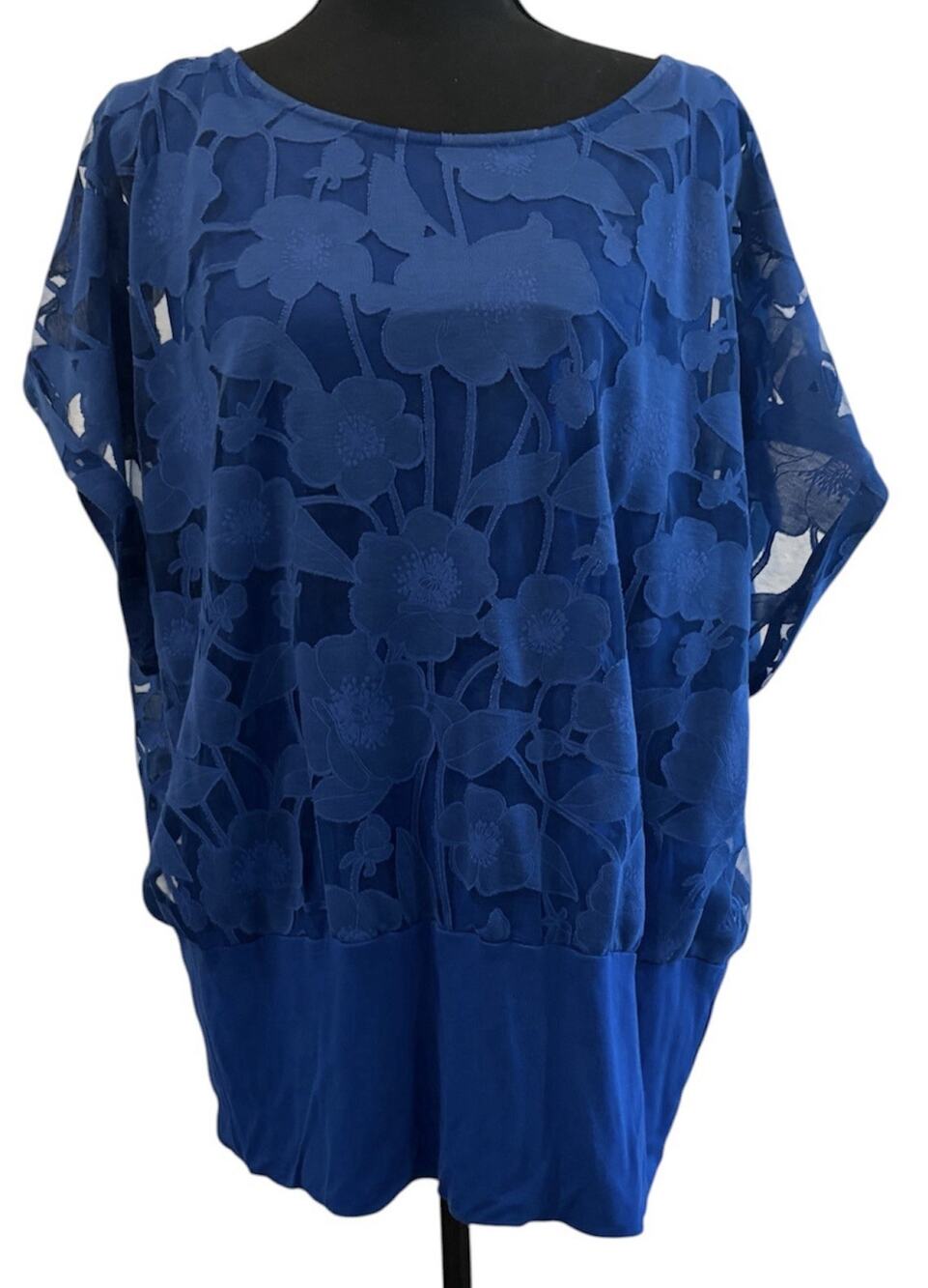 Chico’s Royal Blue Floral Overlay Mesh Ruched Banded Hem Blouse Size 3 (XL)